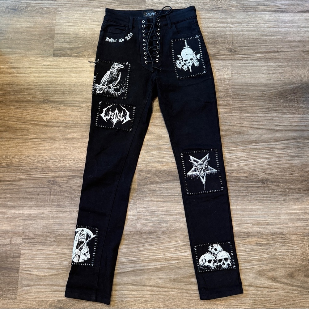 Dolls Kill Widow Black Patched Lace-Up Skinny Jeans Pants | Size SMALL